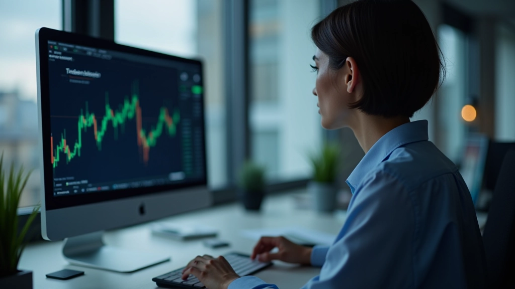En kvinde ser på handelsskærm med røde og grønne candlesticks, som viser volatile kursbevægelser og volatilitetsmål