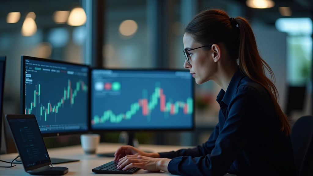 Forretningskvinde analyserer handelskort på computermonitor med stilhedskoncentration