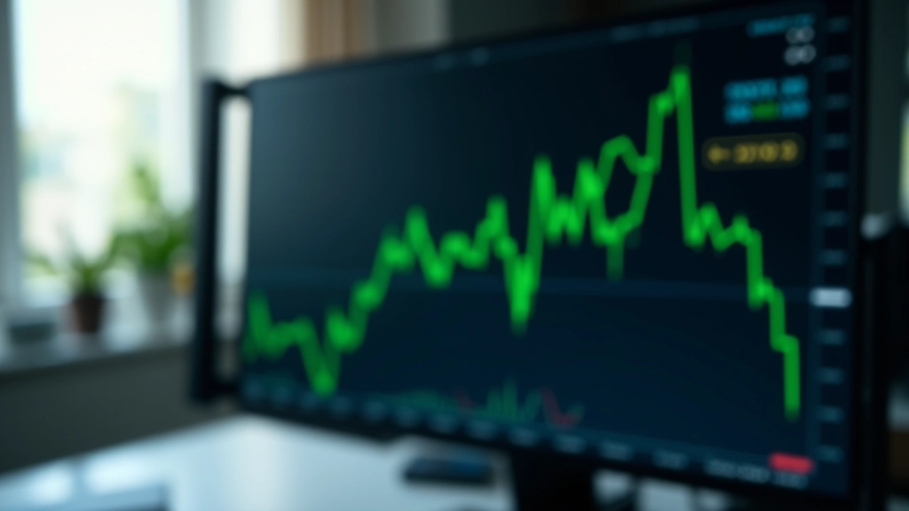 Tæt op på et tradingkort viser grøn stigning på en handelsskærm med multiple tekniske indikatorer