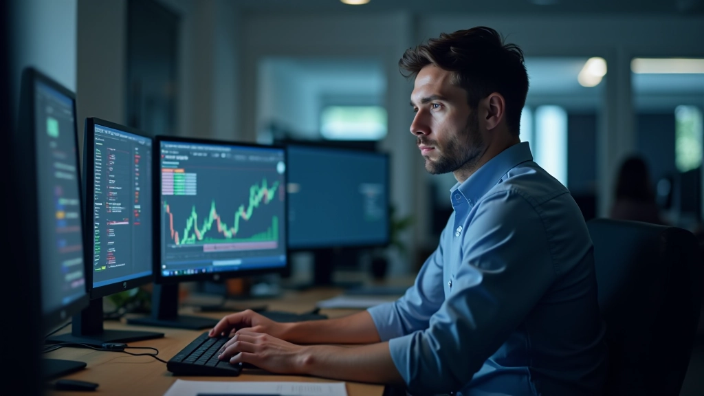En handelsmand arbejder ved et handelsdesk med multiple skærme viser finansielle data og teknisk analyse