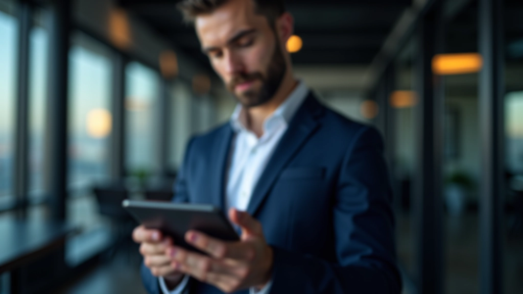 En handelsmand holder et digitalt tablet med aktiekurser og finansielle grafer vises i lyset fra enheden