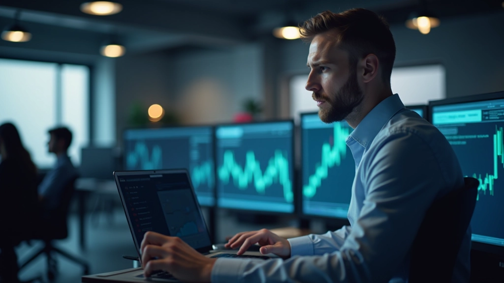 Trader ser på markedsdataer på en moderne handelsskærm med grønne og røde prisbevægelser