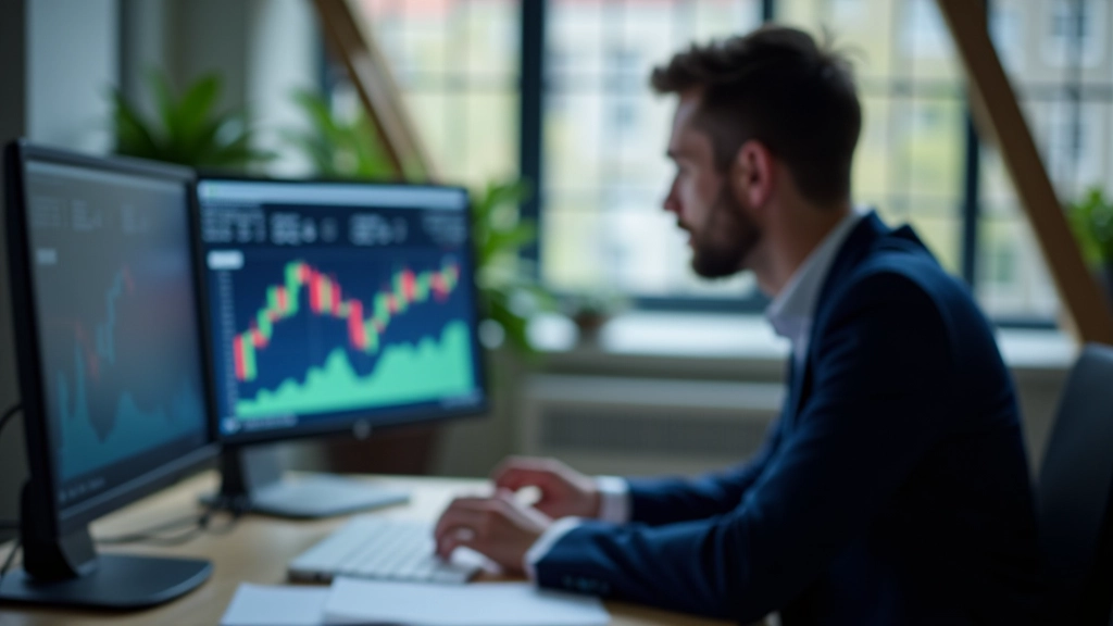Trader ses fra siden ved skrivebord mens han analyserer handelscharts på computermonitor