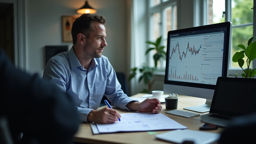 Trader ved skrivebord analyserer risikostyringsstrategier med grafer og diagrammer